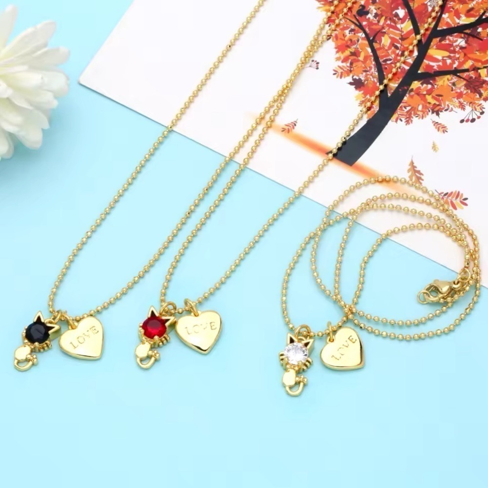 18K Gold Plated Cat & Heart “Love” Pendant Necklace With Red Gemstone Accent - Picture 4 of 6